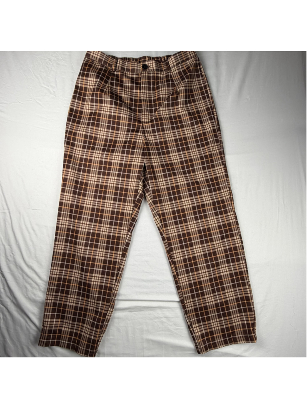 Allegra K Plaid Trousers XL Brown Tan High Rise Elastic Back Pants Ankle